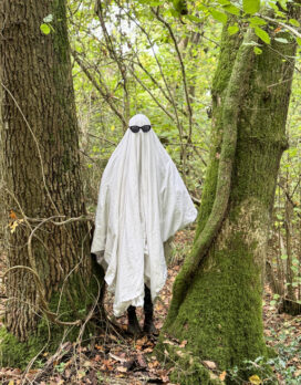 Image unrecognisable person covered by white bed sheet wearing sunglasses, black leggings with cobweb design and leather Chelsea boots, playing Halloween ghost in haunted woodland forest, standing between oak tree trunks, autumnal coloured leaves
